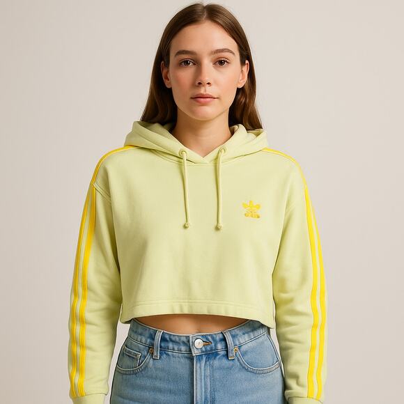 Adidas Originals Cropped Hoodie L Pastel Yellow 3-Stripes - Picture 1 of 7
